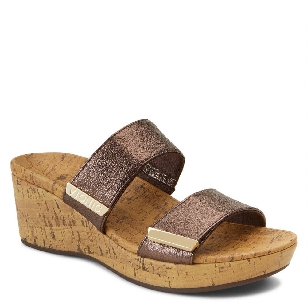 Vionic Pepper Wedge Metallic Brown Slip On Cork Leather Sandals